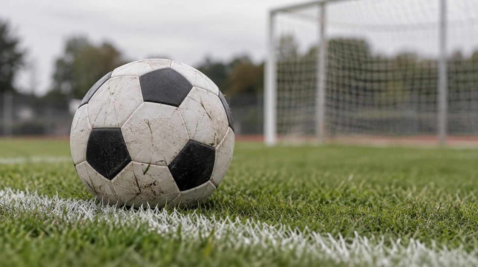 A soccer ball on a grass field with a goal net visible in the background.