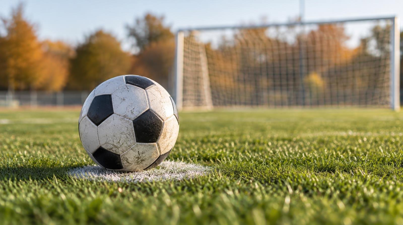 A soccer ball resting on the penalty spot in front of a goal net.