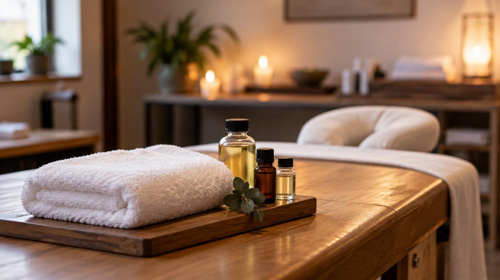 Folded white towel and oil bottles on a wooden massage table.