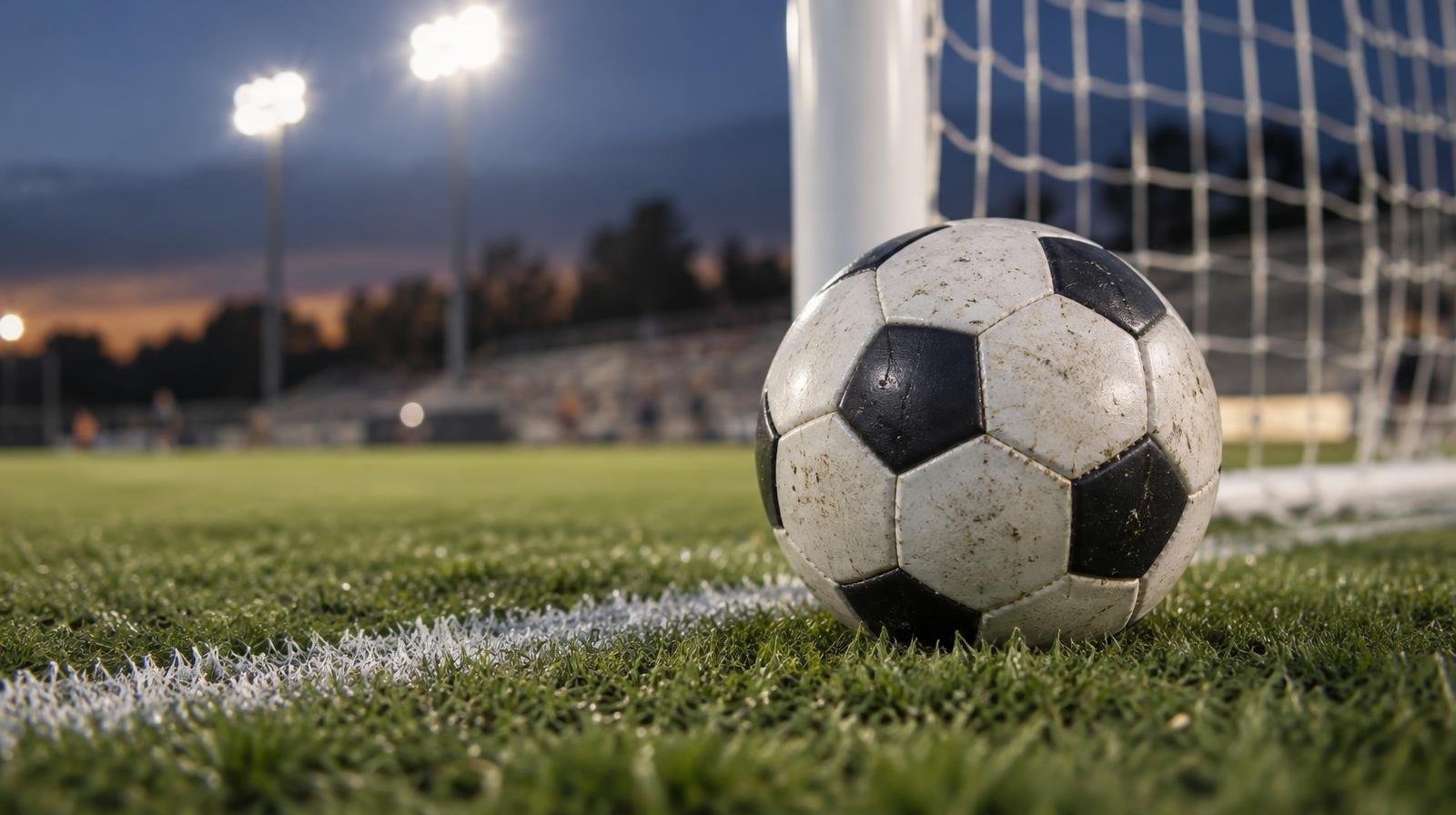 A soccer ball on a grass field near a goal net under floodlights.