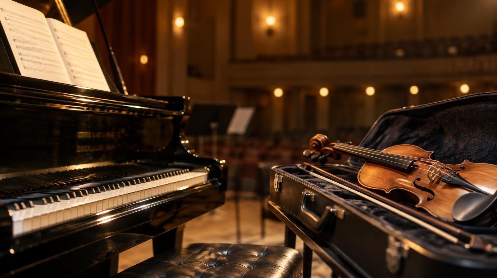 Grand piano and violin on a warmly lit concert stage.