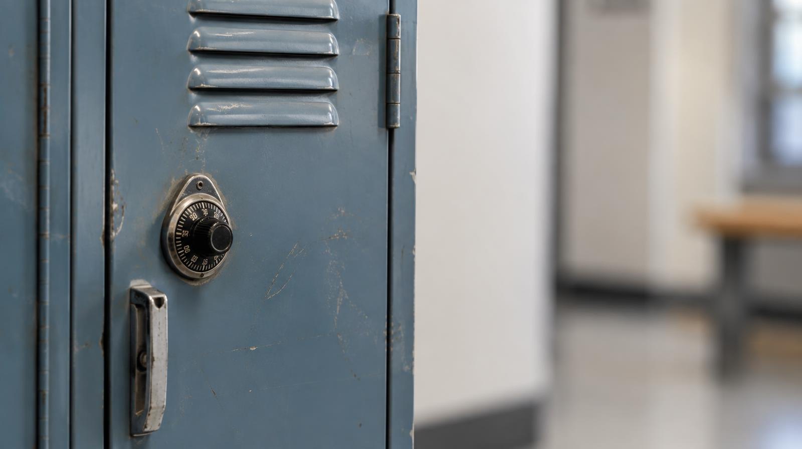 A single metal school locker with a combination dial and worn paint.