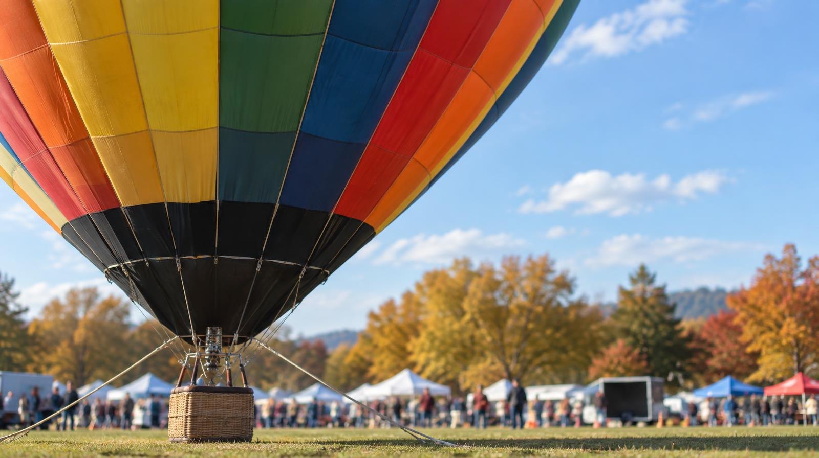 A colorful hot-air balloon tethered to the ground by ropes on a sunny day.