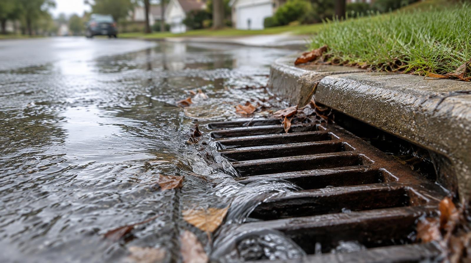 Storm drain grate on a wet street with water flowing into it after rain.
