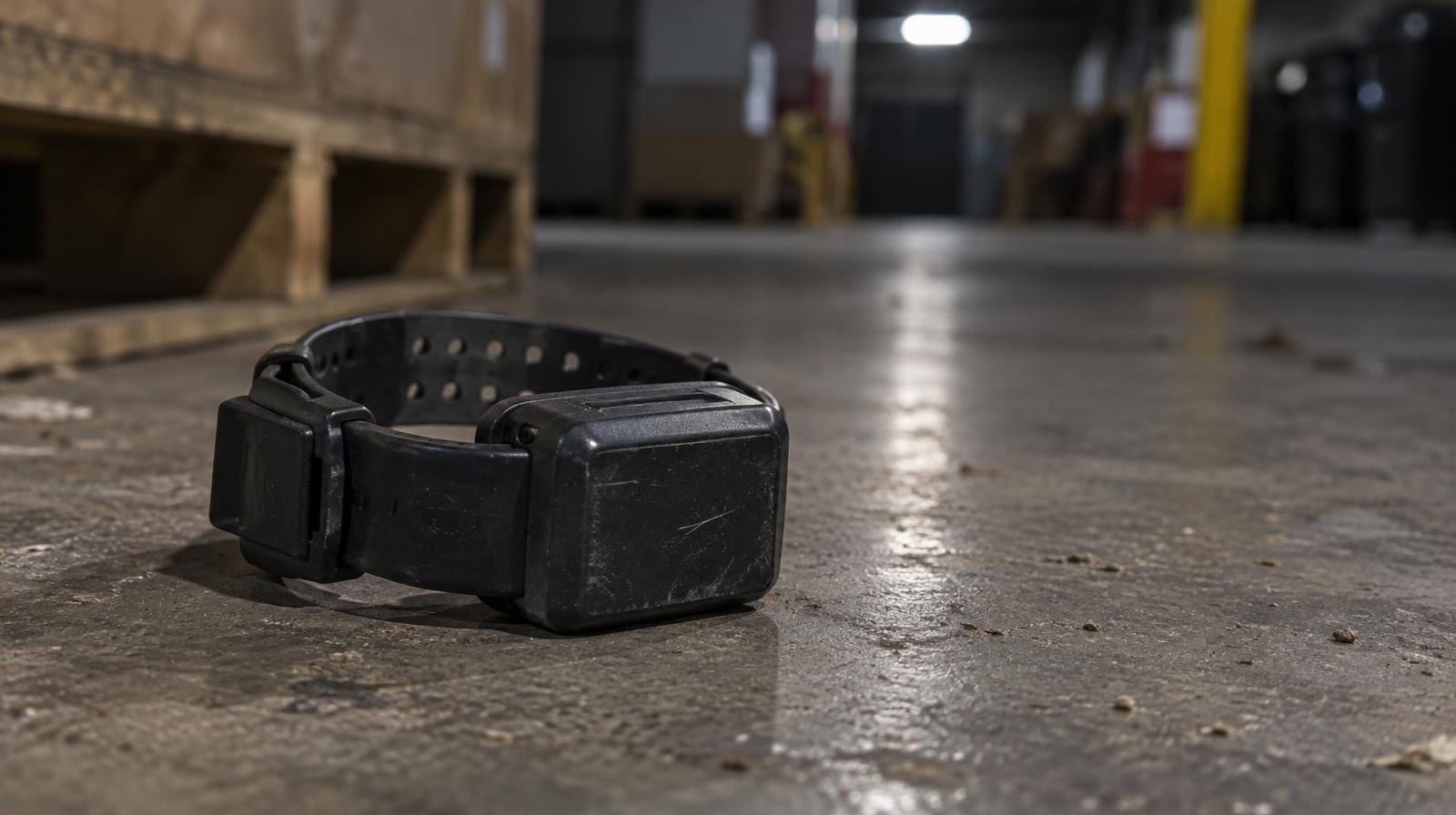 A GPS ankle monitoring bracelet lying on a concrete floor under dim industrial lighting.