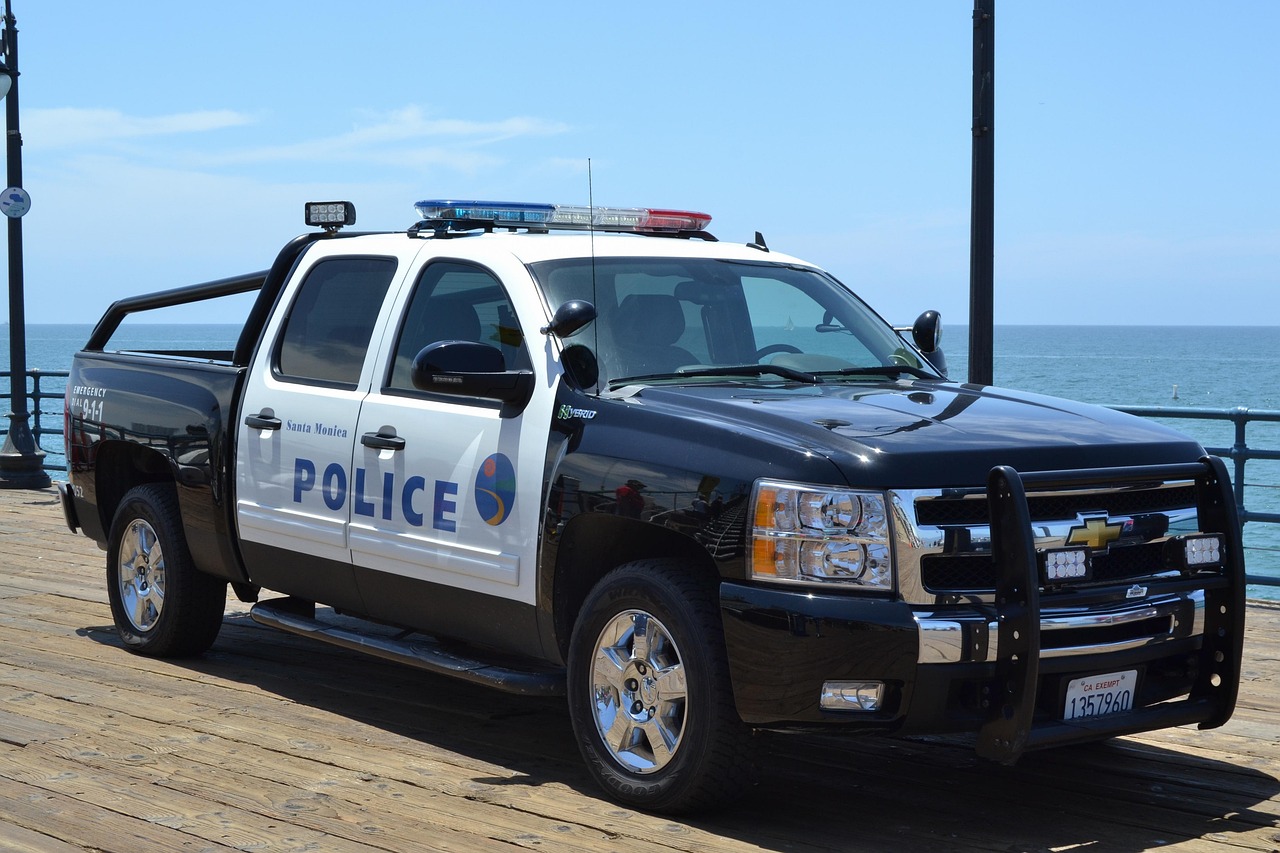 Usa, santa monica, los angeles, pier, web, california, automobile, police, police car, sea, black, nature, white, vacati