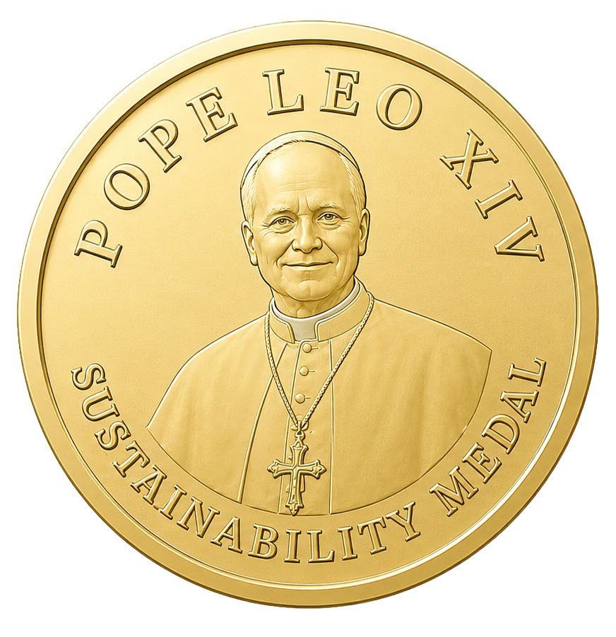 Gold circular medal engraved with a clerical portrait and the words Pope Leo XIV Sustainability Medal.