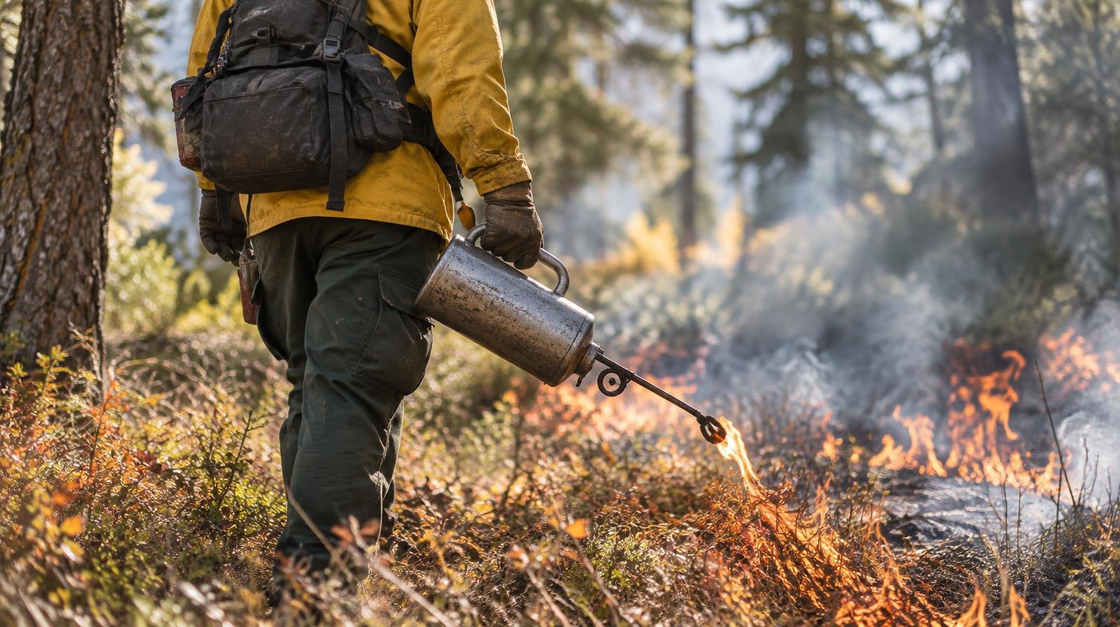 A firefighter in yellow gear uses a drip torch to ignite low flames in a forested area.