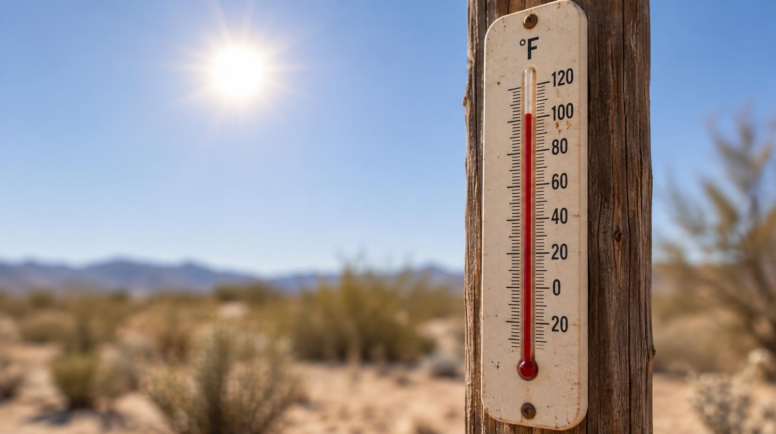 Outdoor thermometer on a wooden post showing over 100 degrees in harsh sunlight.