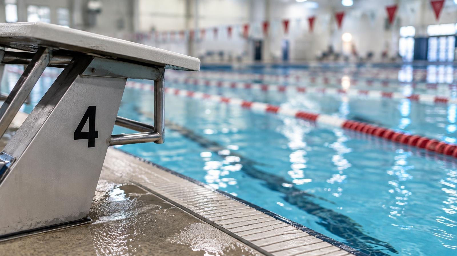 Indoor pool lane with red and white dividers and a starting block.