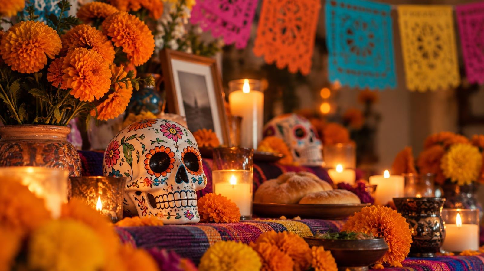 A festive altar with marigolds, candles, sugar skulls, and colorful paper banners overhead.