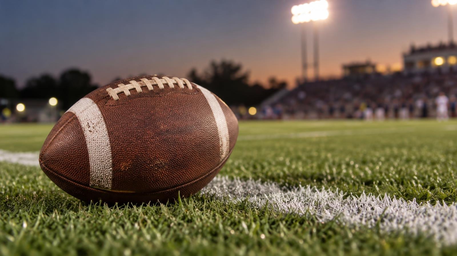 An American football resting on green grass beside a white painted yard line.