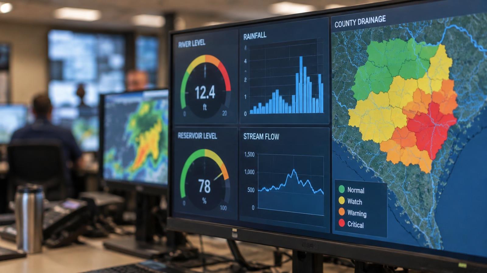 Computer screen showing flood monitoring gauges, rainfall charts, and a color-coded drainage map.