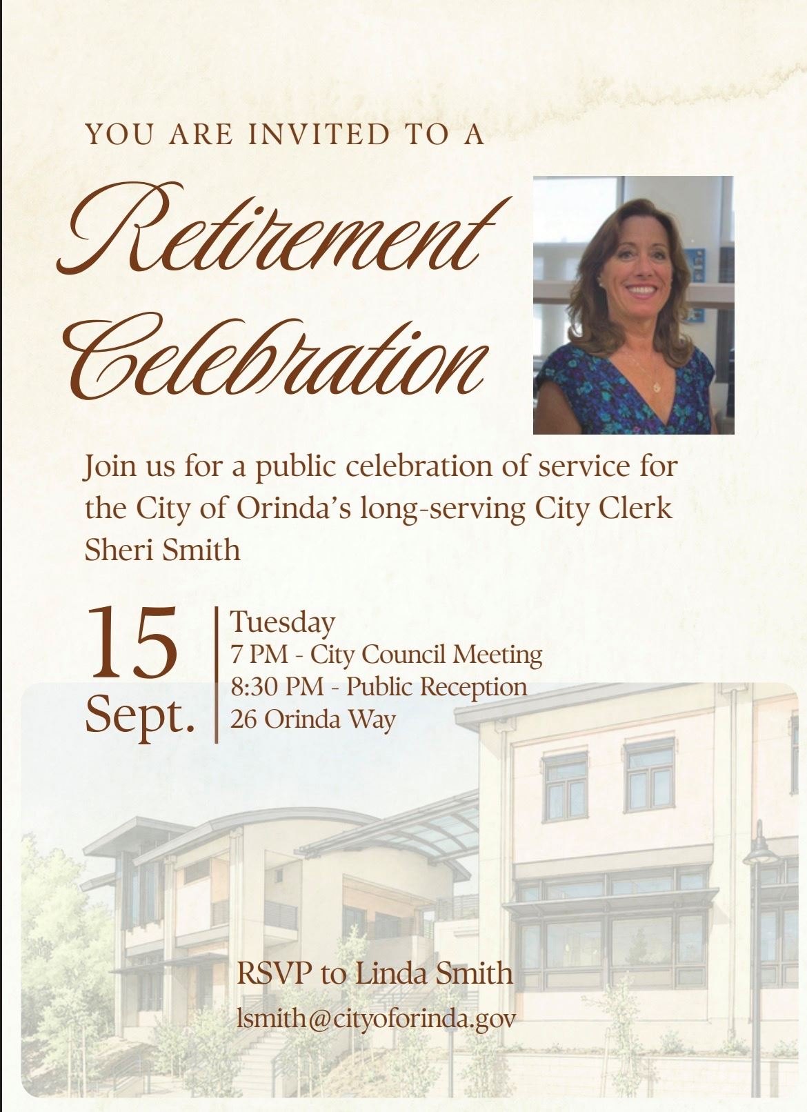 Retirement celebration flyer with event details and a photo of the honoree.