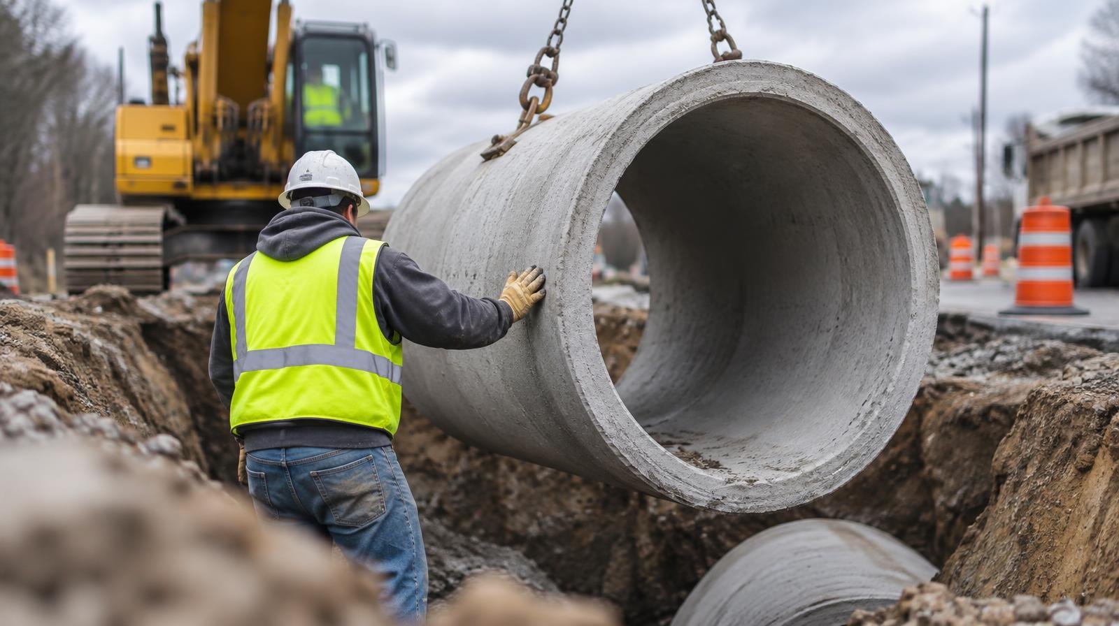 Large concrete culvert pipe being installed beneath a road at a construction site.