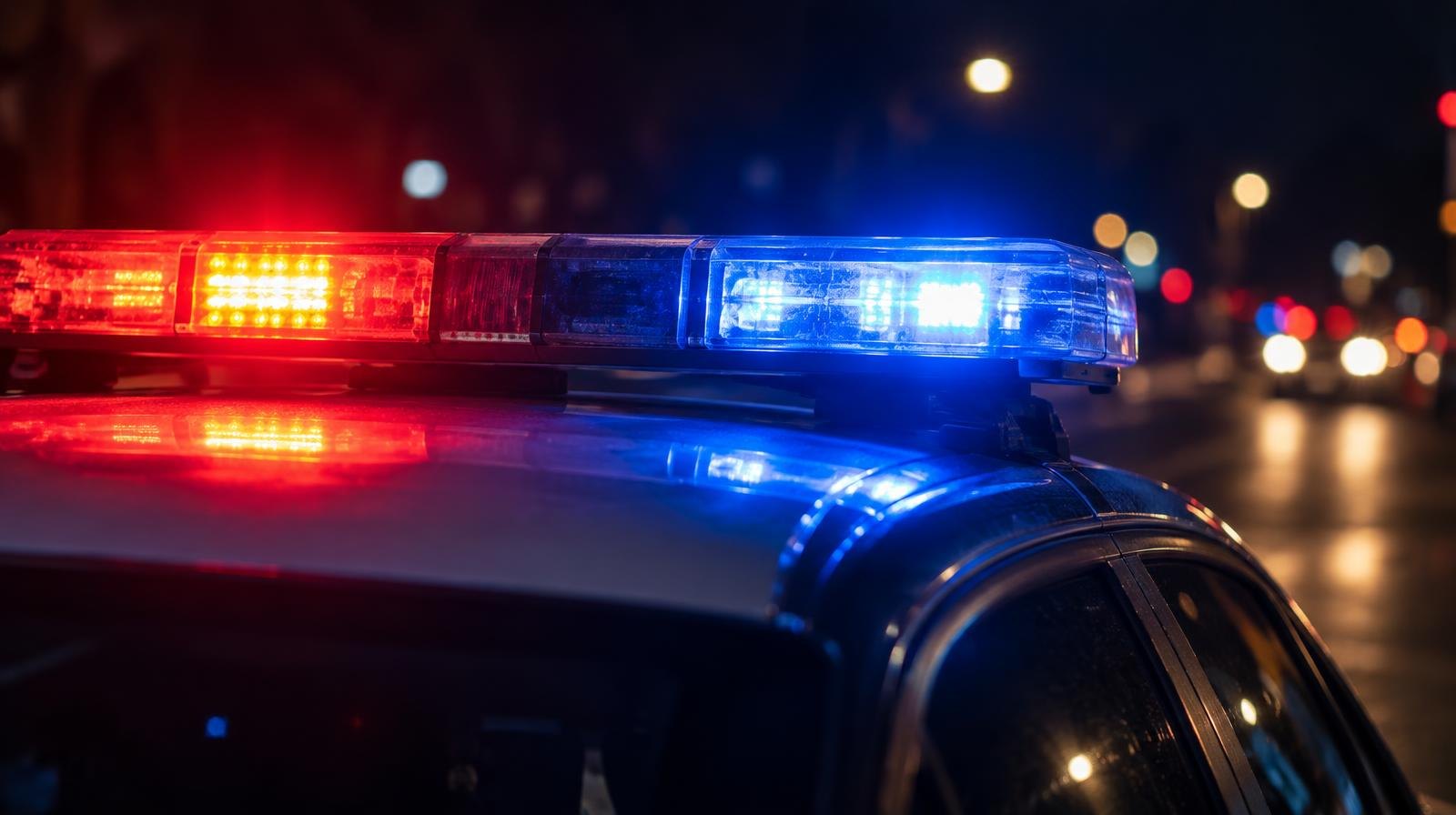 Red and blue emergency lights on a police cruiser roof bar glowing at night.