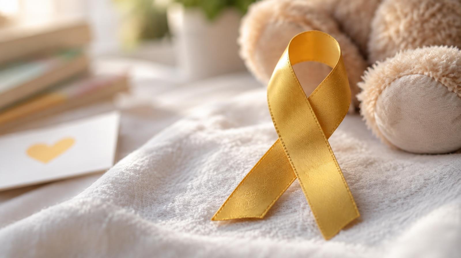 A gold awareness ribbon resting on a soft white surface.