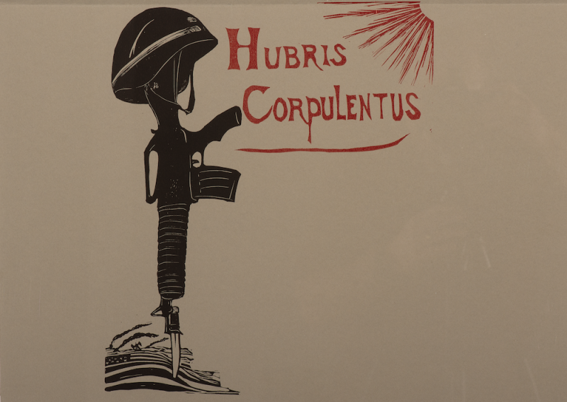 Black ink linocut print showing a stylized soldier figure made from a rifle and helmet, with red lettering.
