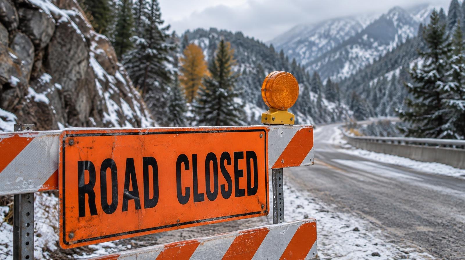 Orange road closed barrier blocking a snow-dusted mountain canyon road.