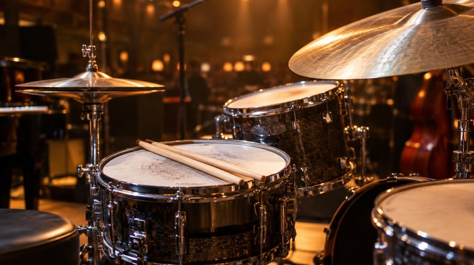 A jazz drum kit with gleaming cymbals under warm amber spotlight on a concert stage.