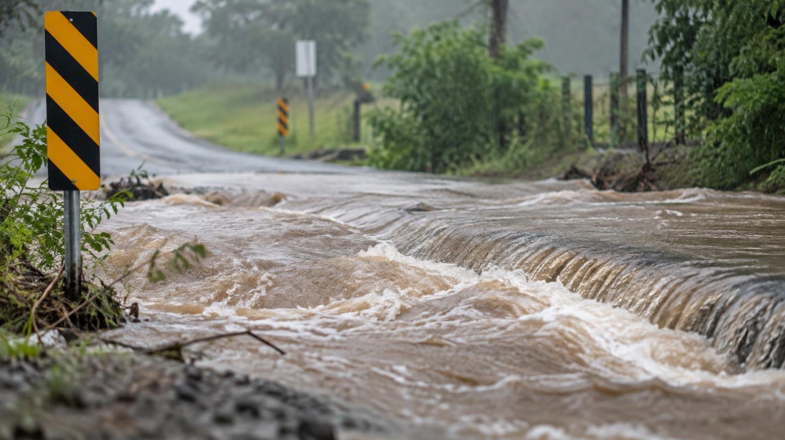 Brown floodwater rushing over a paved low-water road crossing in heavy rain.