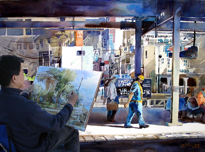 An artist paints a watercolor canvas outdoors, with a city street visible behind them.