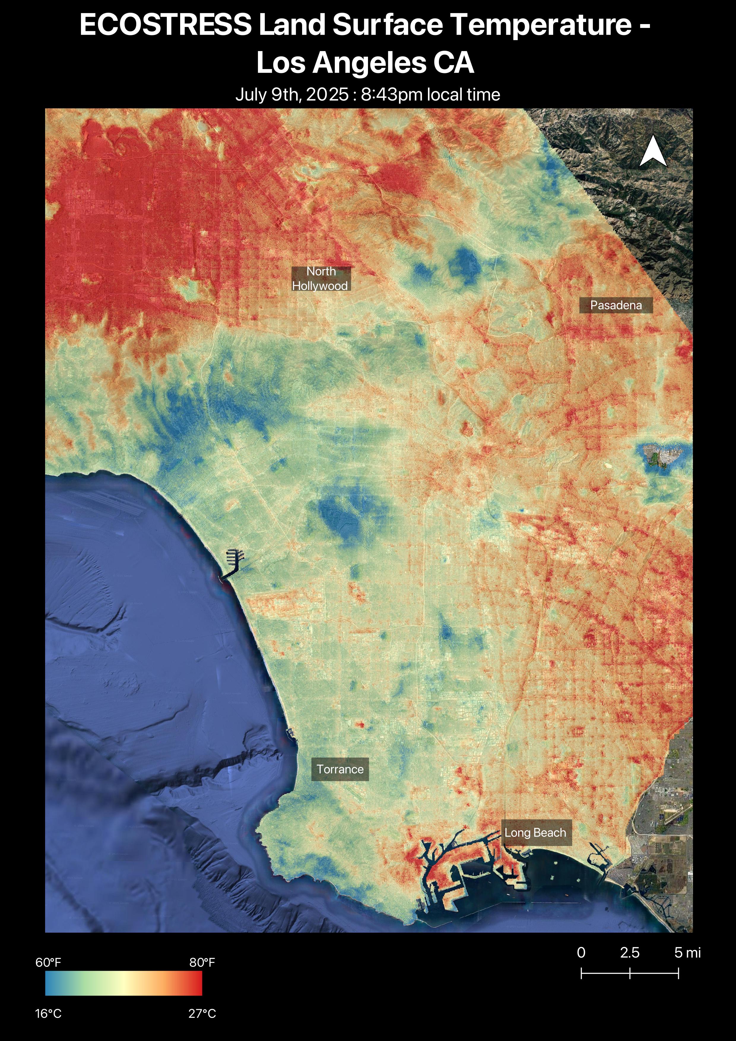 Thermal satellite map showing hot inland areas in red and cooler coastal zones in blue.