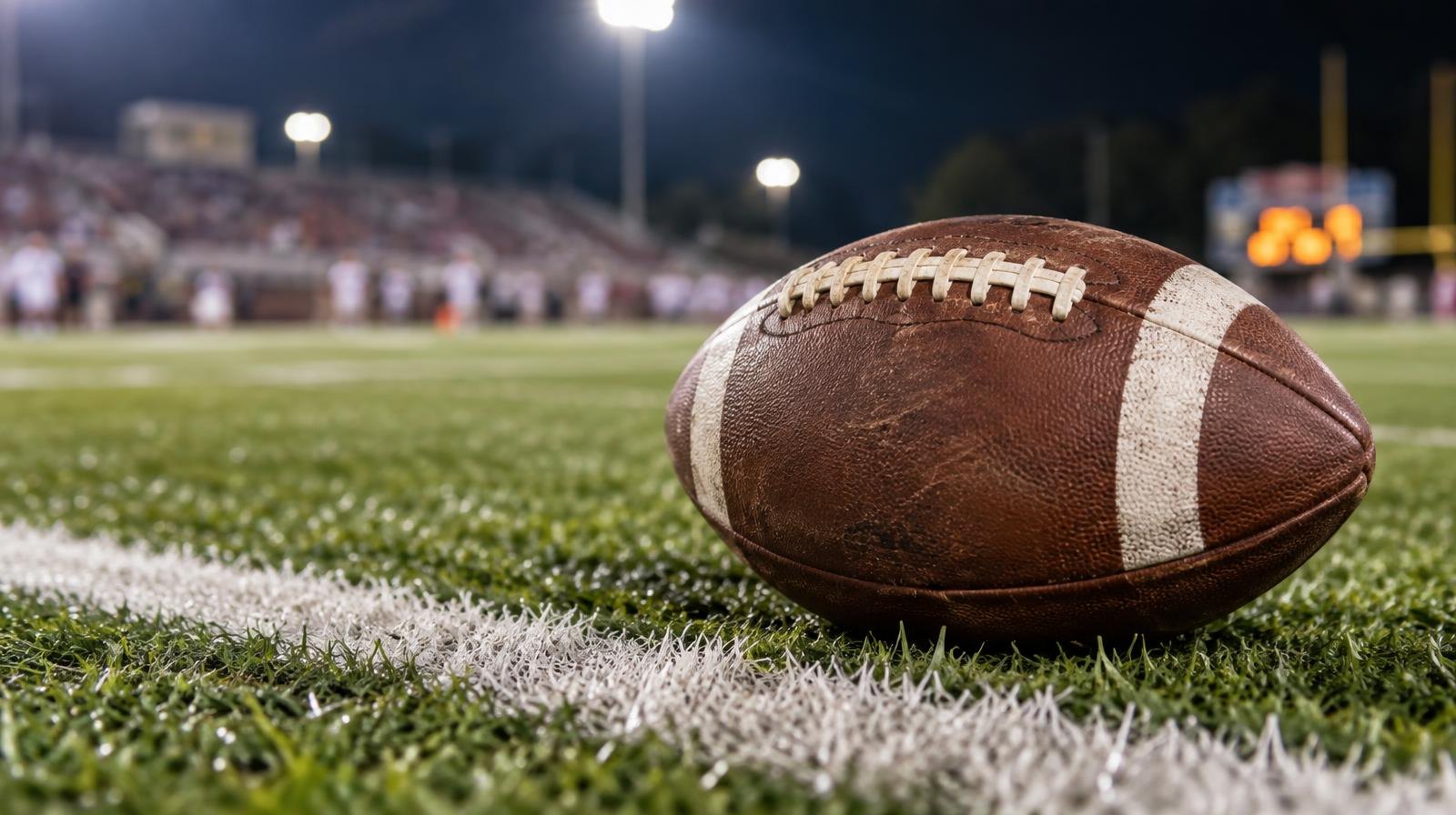 An American football resting on green artificial turf beside a white yard line.