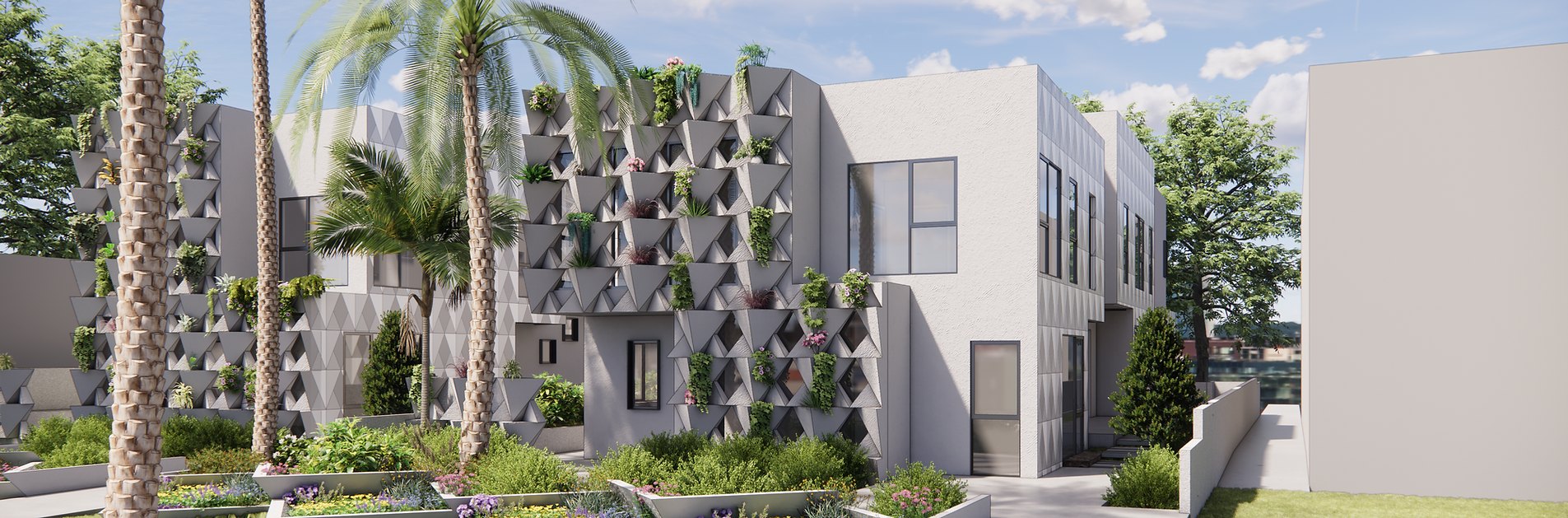 Architectural rendering of a modern two-story gray building with geometric green wall planters and palm trees.