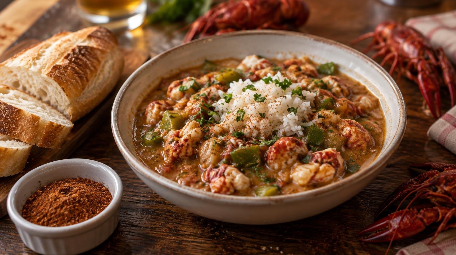 A bowl of Cajun crawfish étouffée with crusty bread on a wooden table.