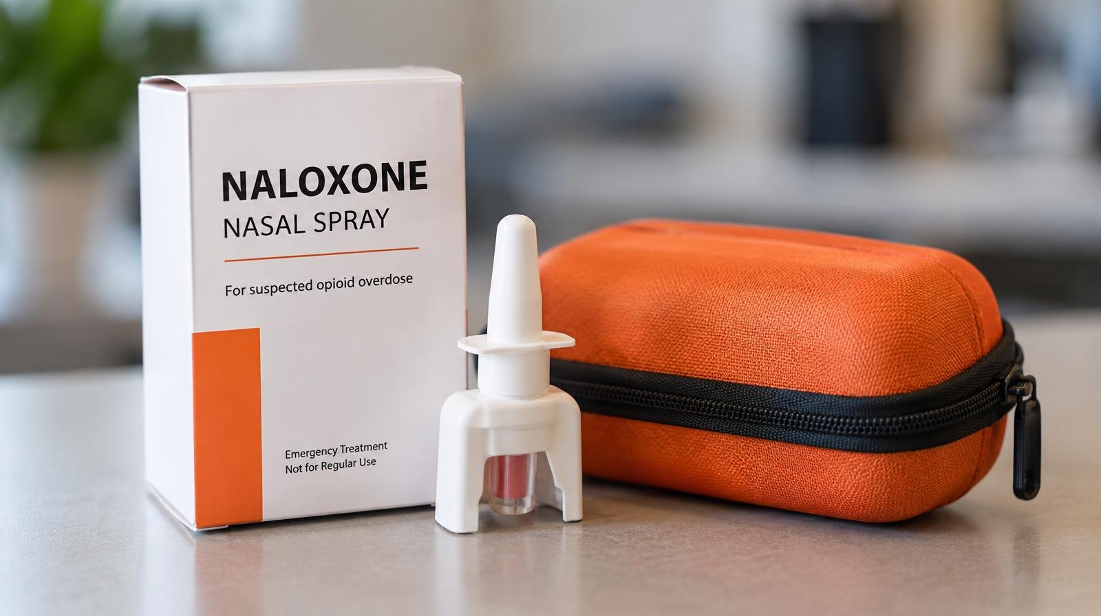 A naloxone nasal spray box next to a small orange carrying case on a plain surface.