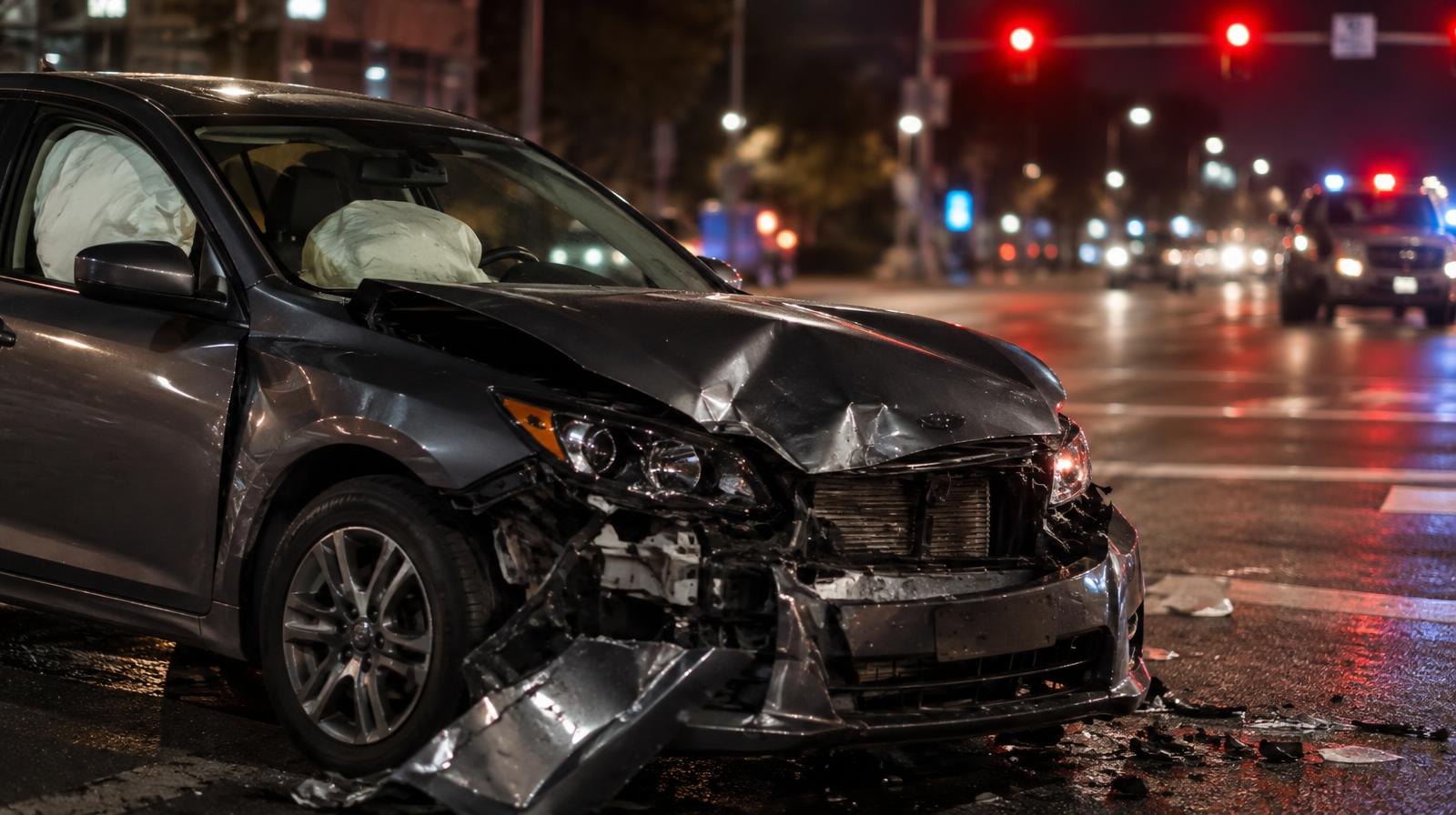 Crumpled car front end with deployed airbags under a red traffic light at night.