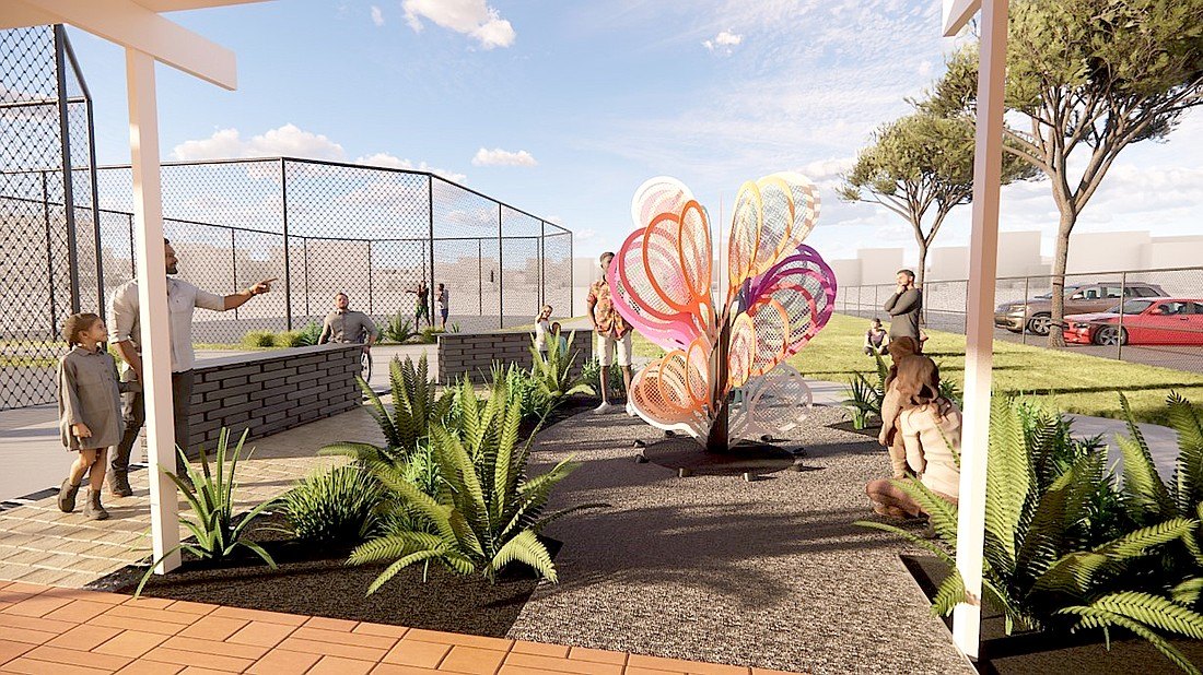 Rendering of a colorful abstract sculpture with spiraling petal-like forms in an outdoor courtyard.