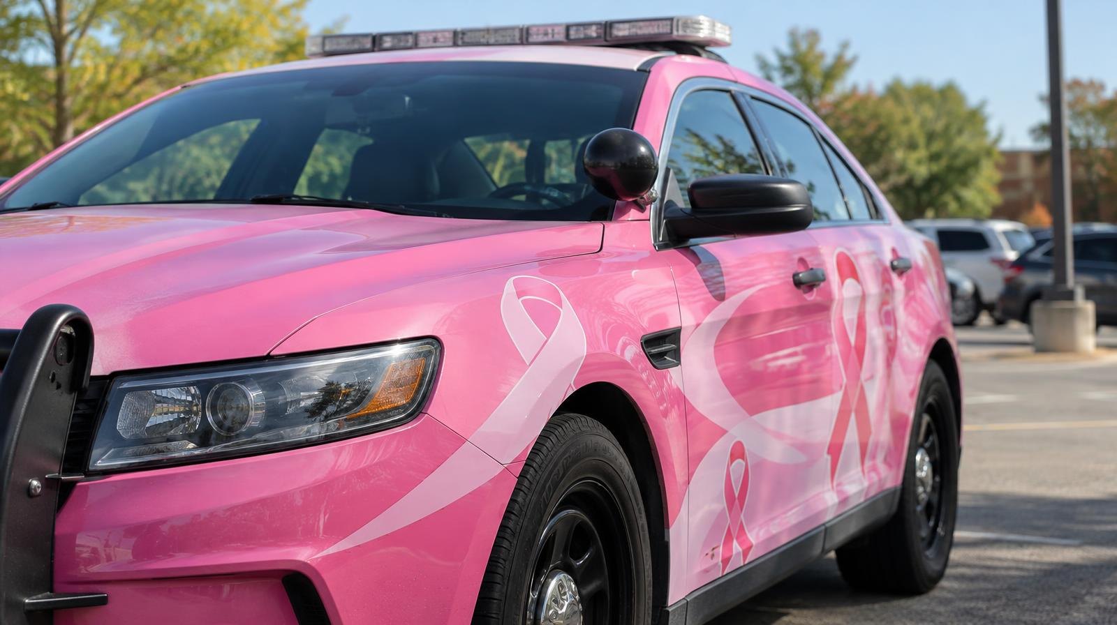 Pink police patrol car with breast cancer awareness ribbon decorations parked outdoors.