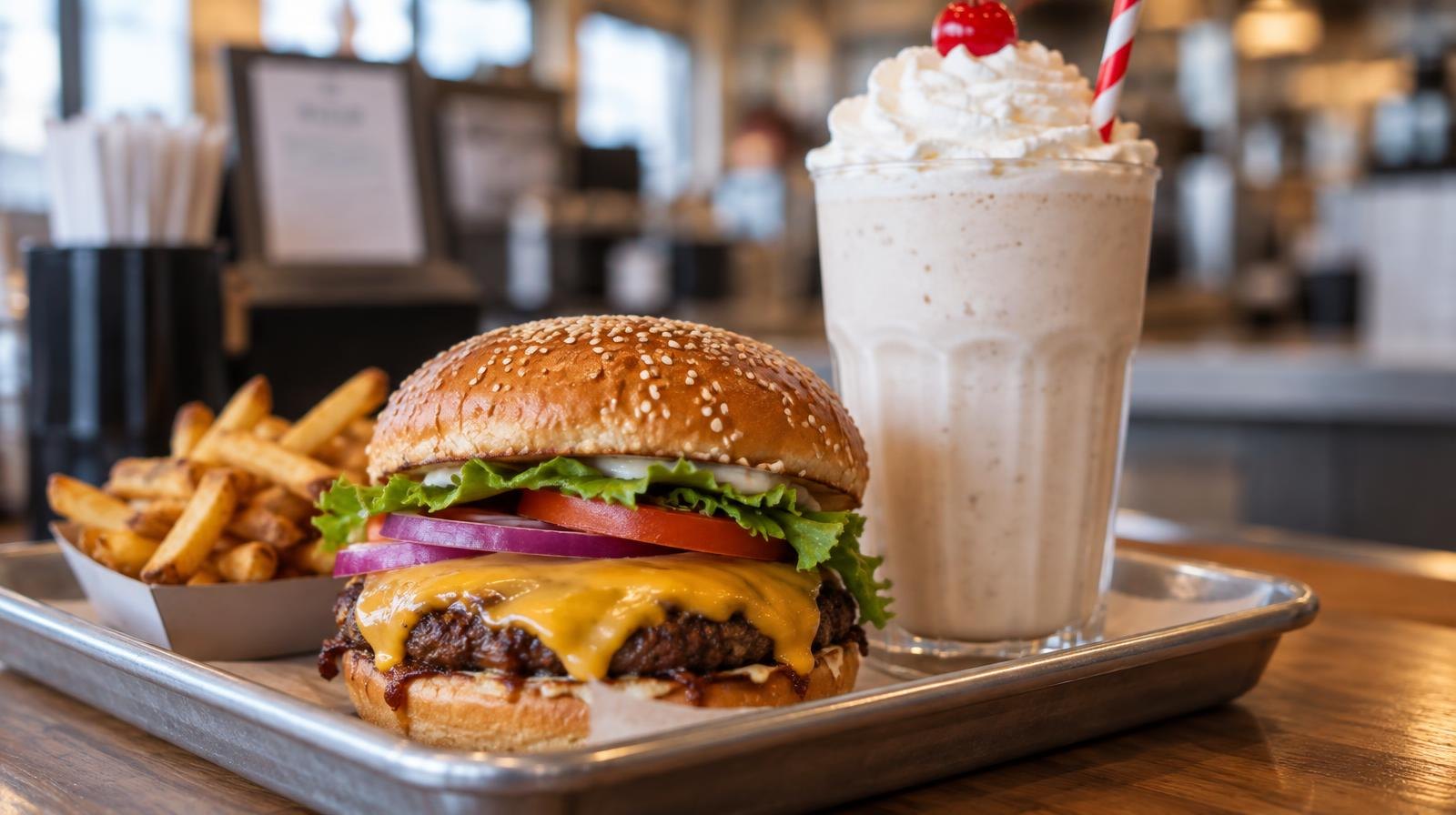 A smash burger with melted cheese on a tray beside a thick milkshake with whipped cream.