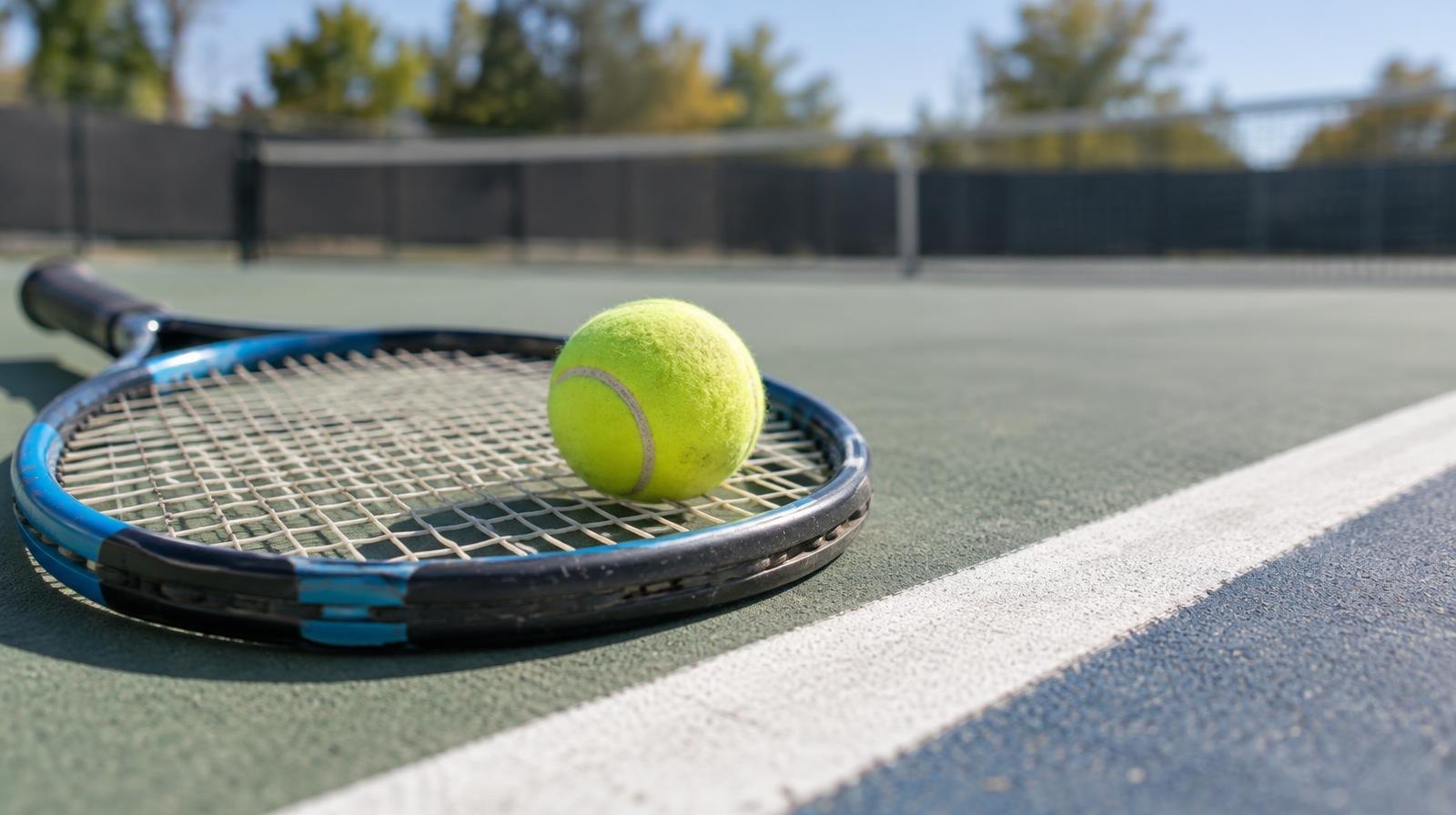 A yellow tennis ball resting on the strings of a tennis racket on a hard court.