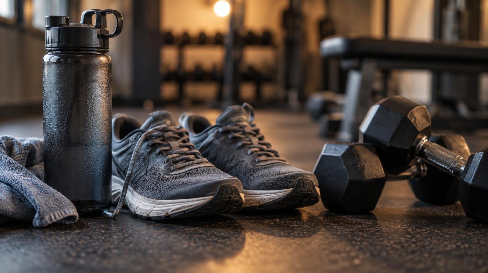 Running shoes, water bottle and dumbbells resting on a gym floor.