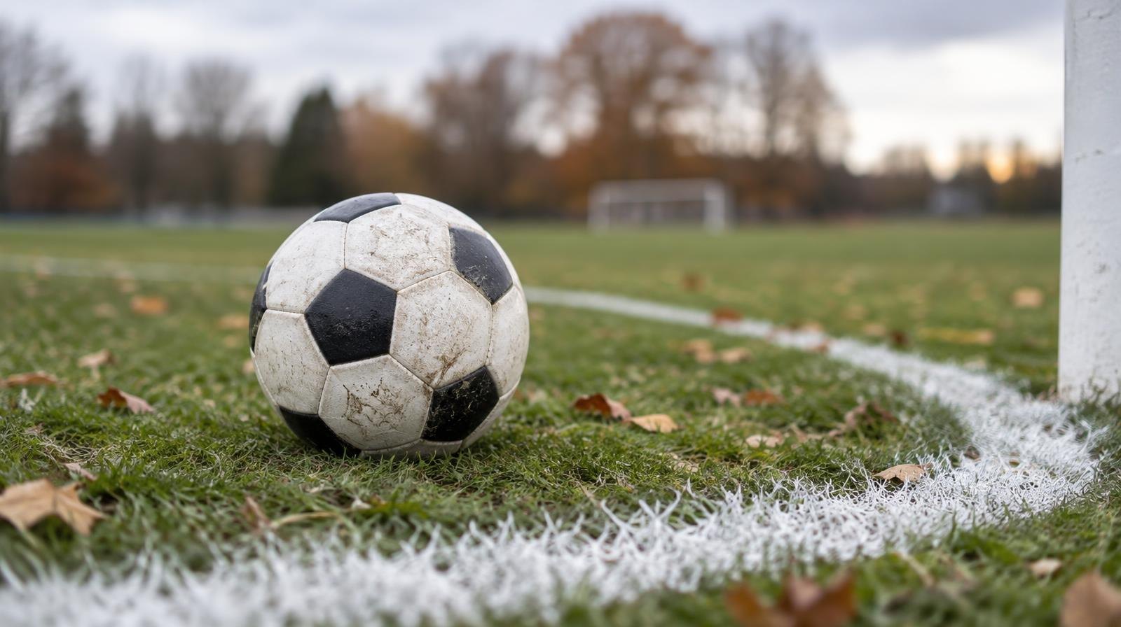 A soccer ball resting on green grass near a white painted line.