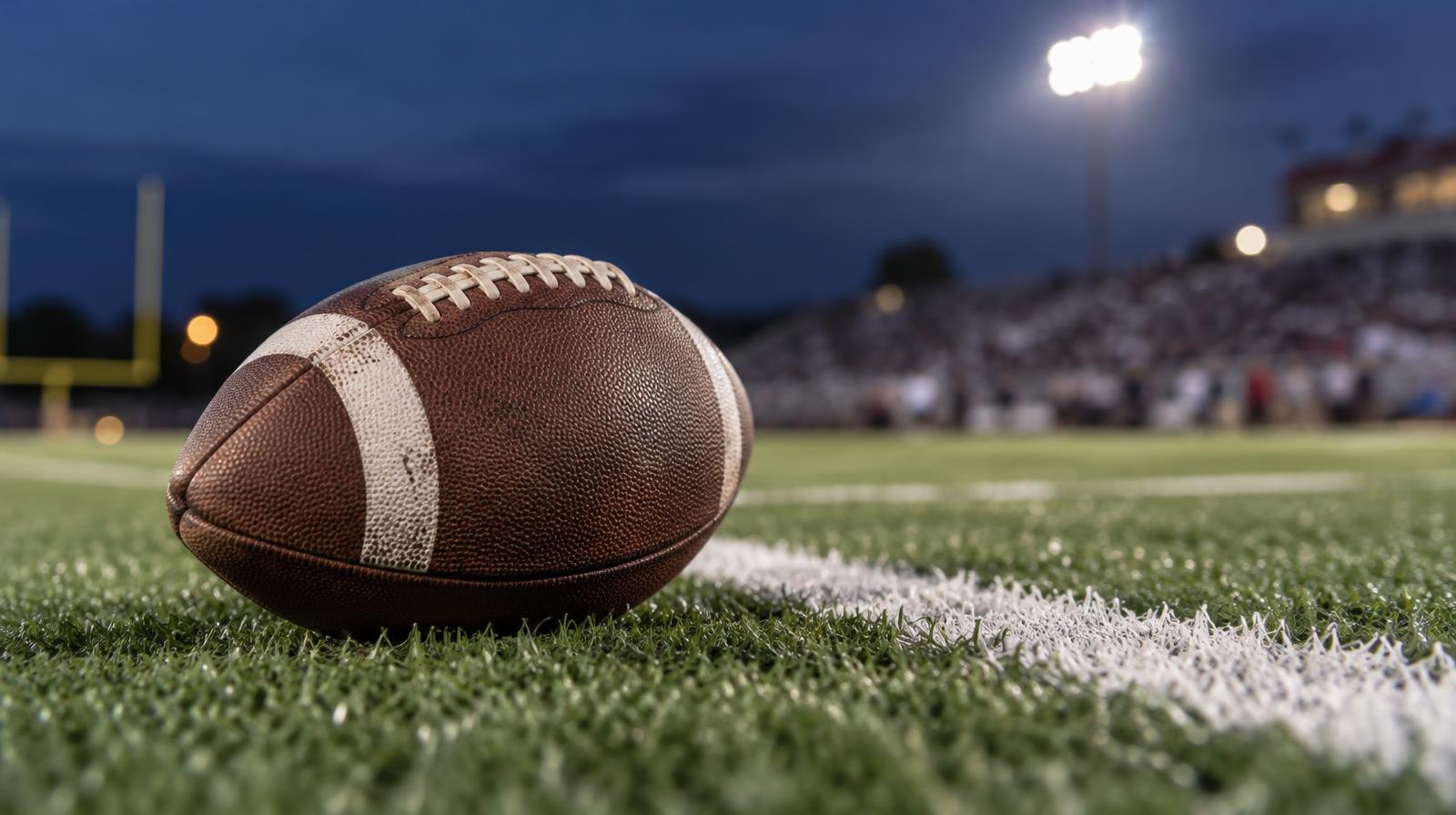 An American football resting on green artificial turf beside a white yard line.