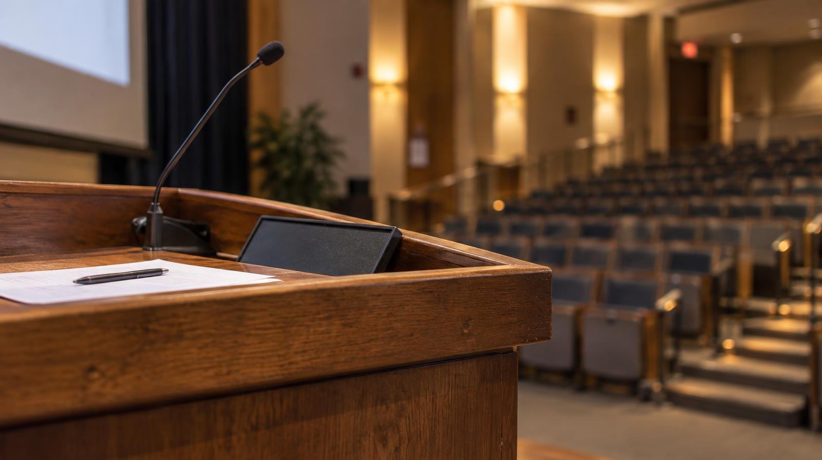 Wooden lectern on a stage in an empty lecture hall with rows of seats behind it.