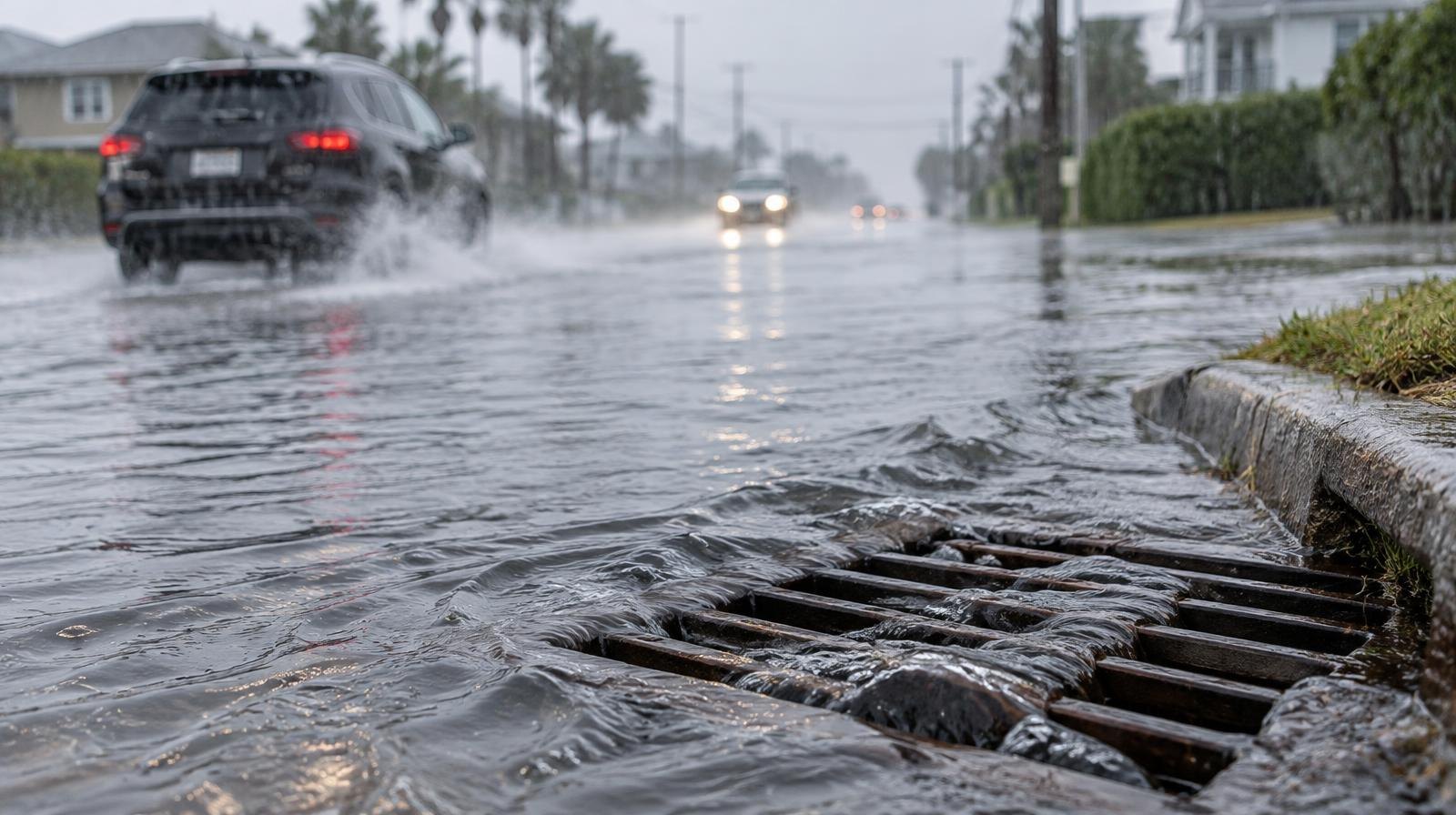 Flooded street with water pooling across the road and submerged storm drains.