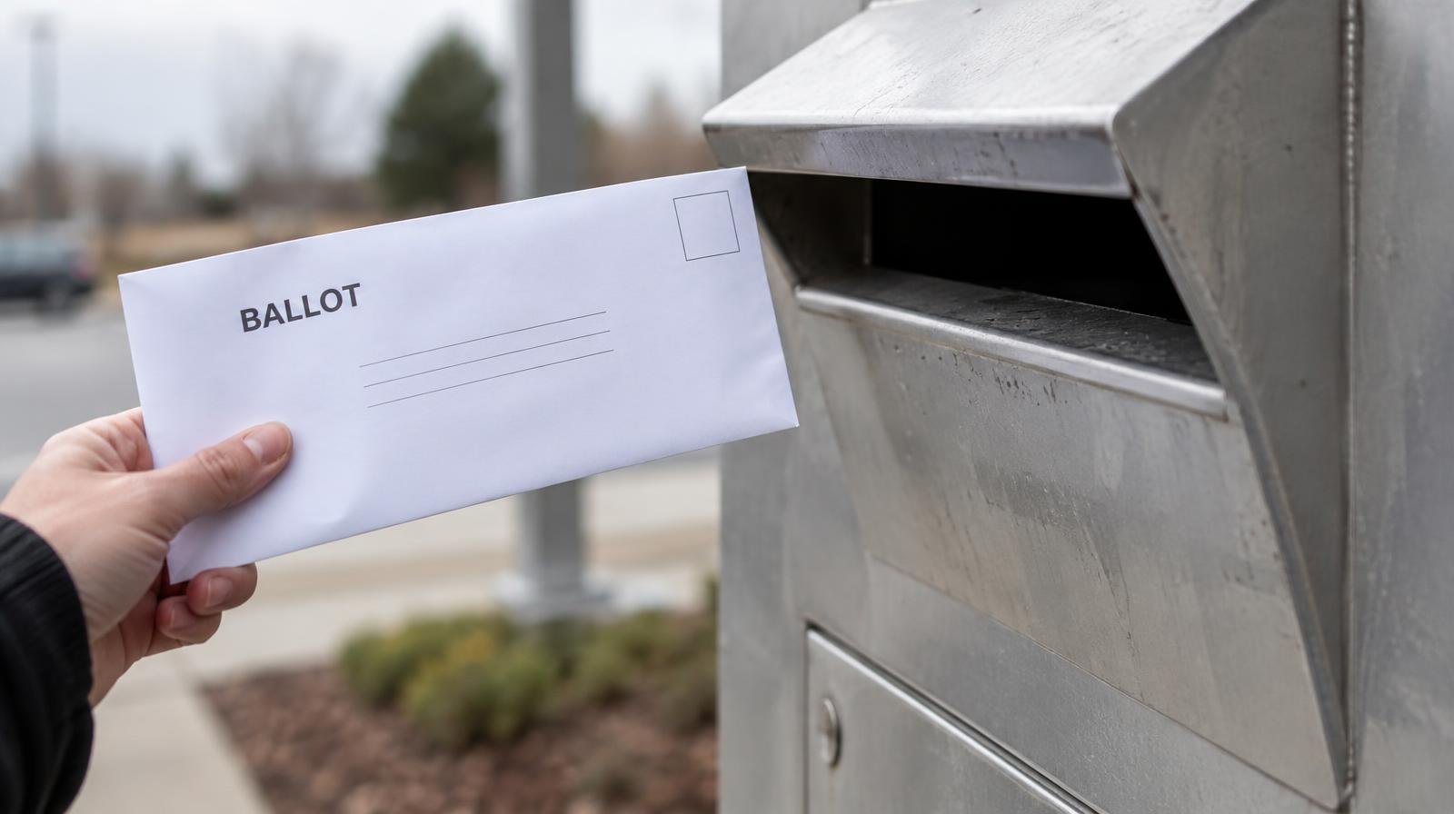 A white sealed envelope next to a metal ballot drop box slot outdoors.