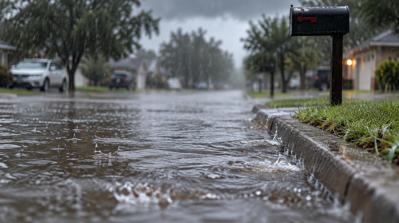 A flooded suburban street with water covering the road surface under dark storm clouds.