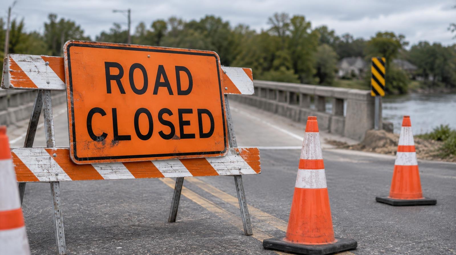 Orange road closed sign and traffic cones blocking a two-lane road at a bridge.