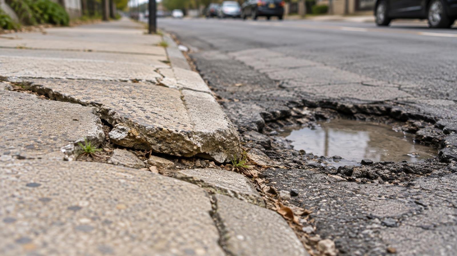 Cracked concrete sidewalk panel next to a pothole in worn asphalt street.