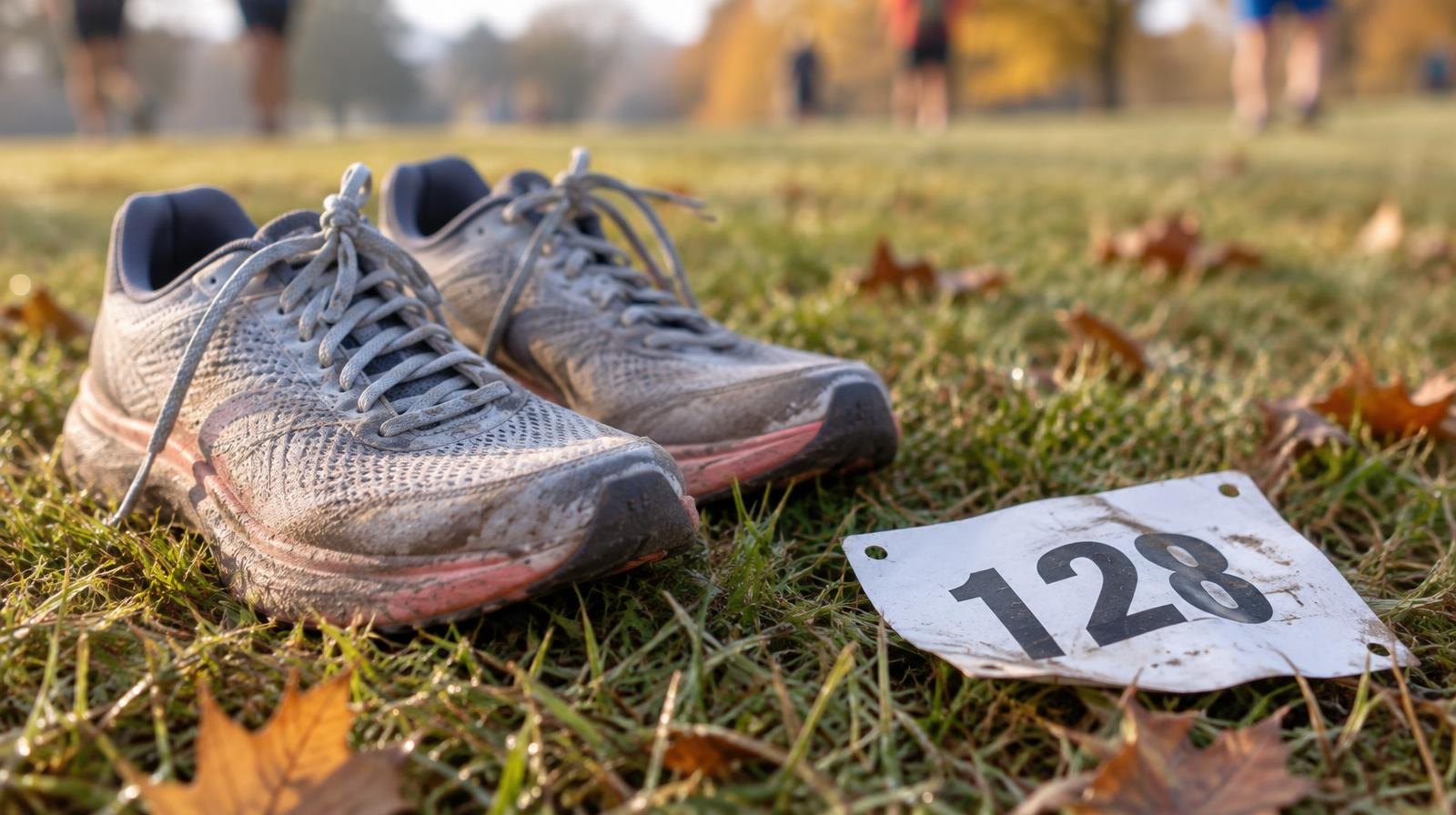 Women's running shoes and a race bib resting on a grass cross country course in autumn light.