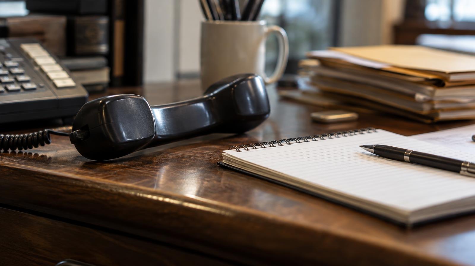 A telephone handset, notepad, and pen resting on a desk.