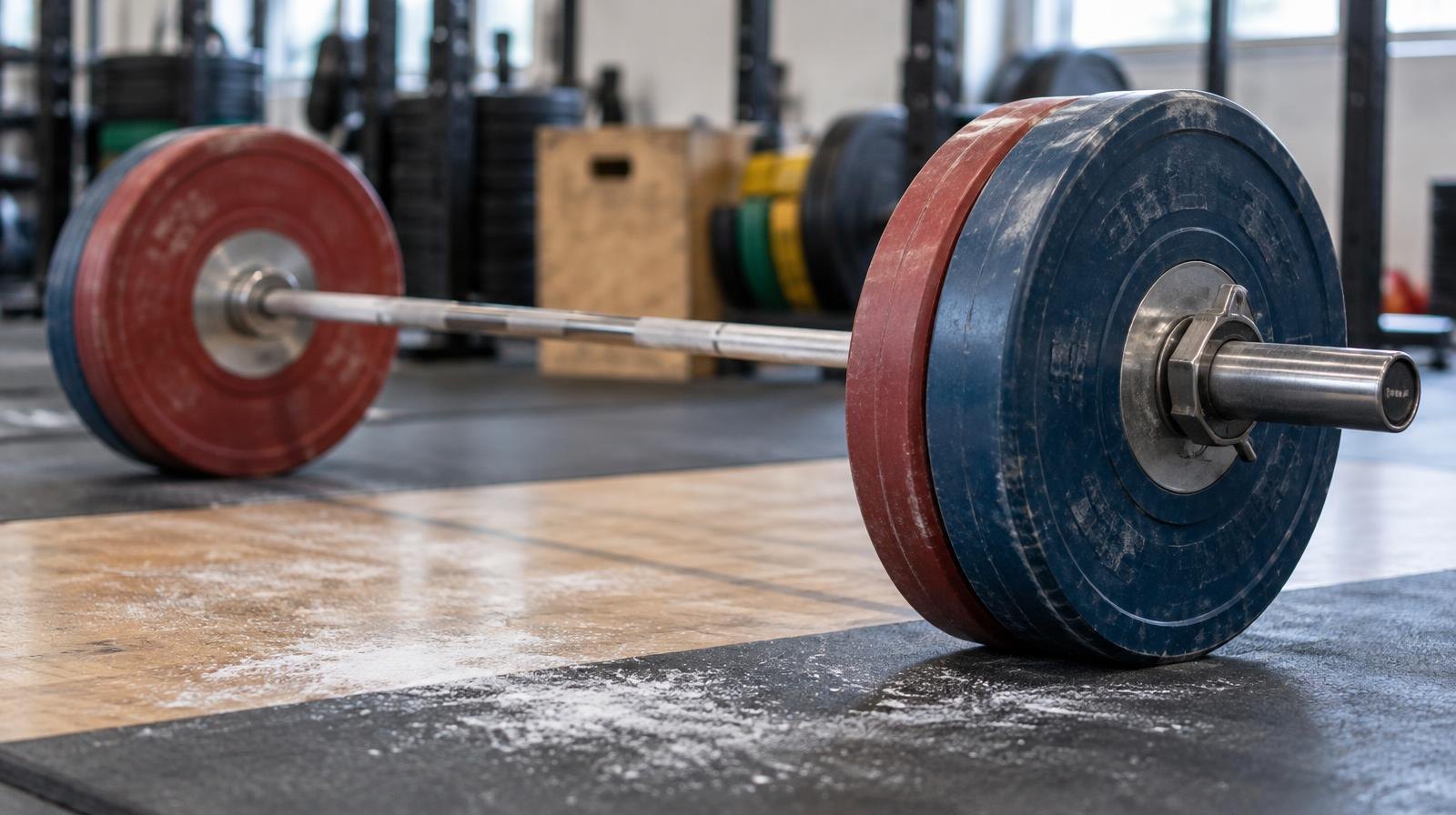 Loaded Olympic barbell on a weightlifting platform with chalk dust nearby.