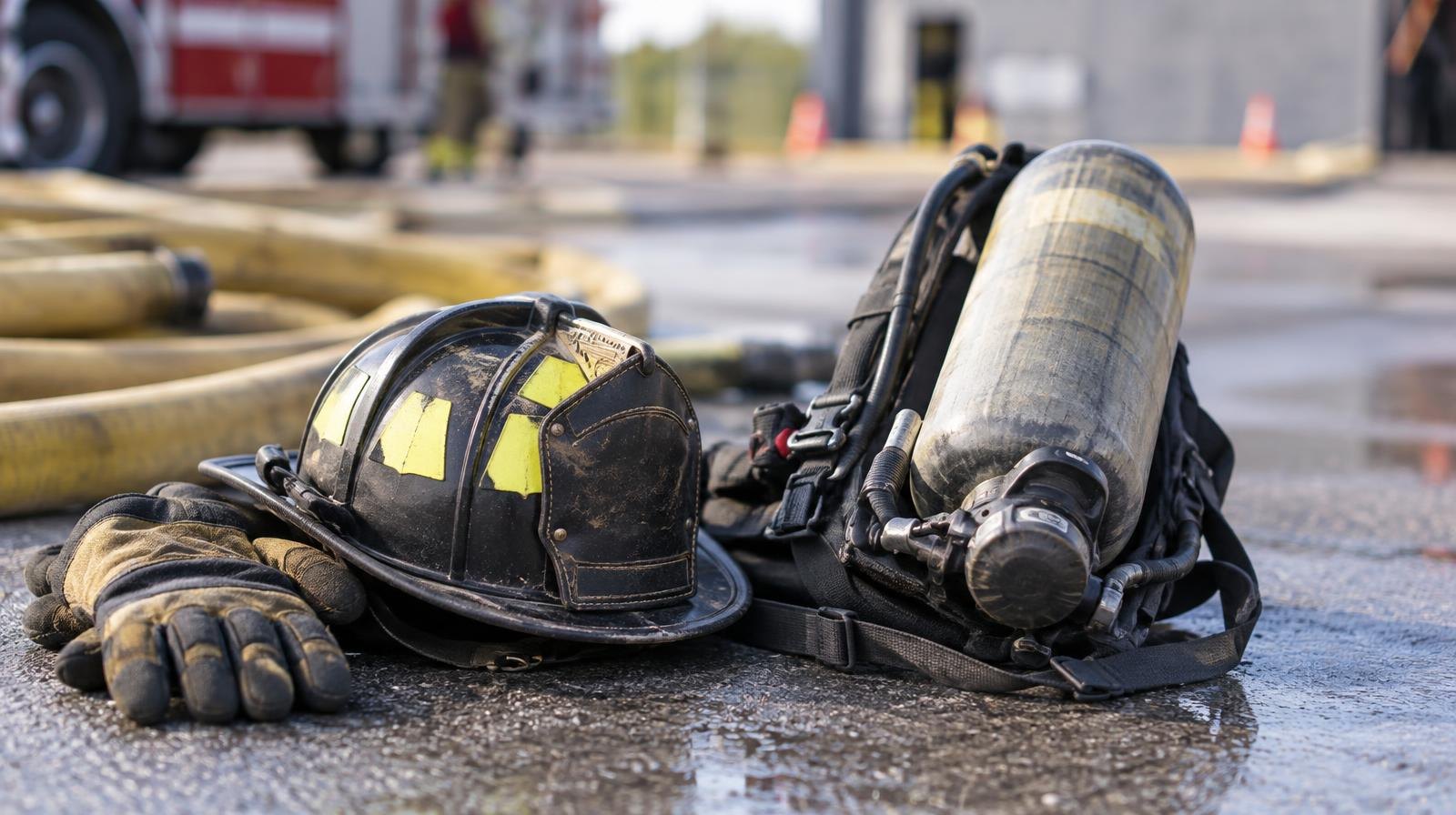 A firefighter's helmet, gloves, air tank, and coiled hose on a paved surface.