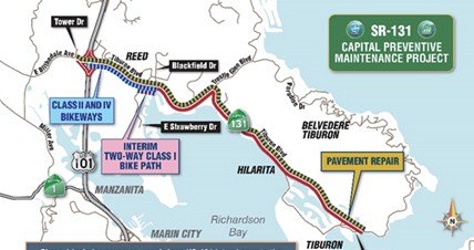 Project map of SR-131 showing planned bikeways and pavement repair zones along Tiburon Boulevard.
